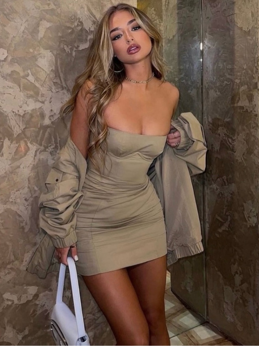 NEW House of CB Elissa Stone Tan Strapless Corset Mini Dress S D-E Plus Cup